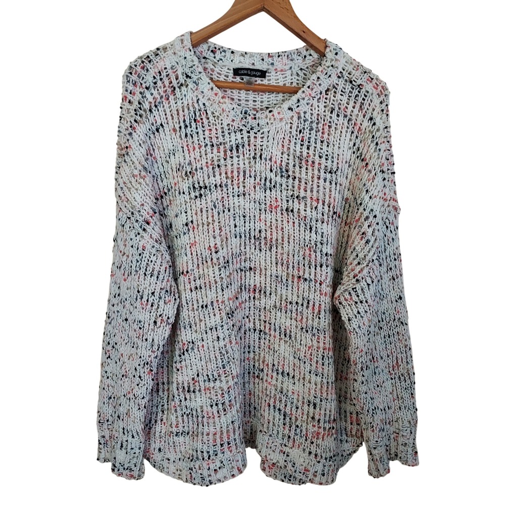 Cable & Gauge 3X White Confetti Chenille Open Knit Sweater Pullover Multi Color